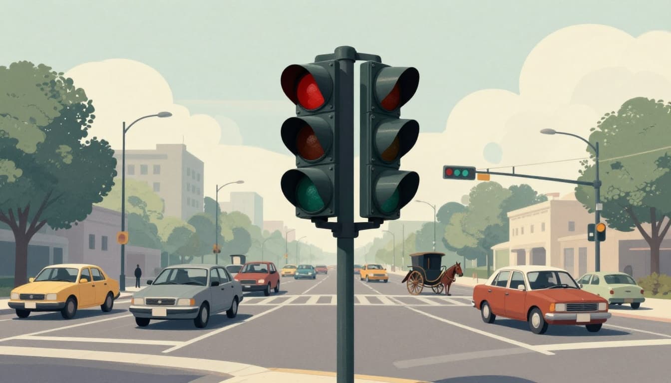 Modern illustration of an early 1920s three-color electric traffic light on a pole at a busy intersection with cars and horse carriages in vintage tones.