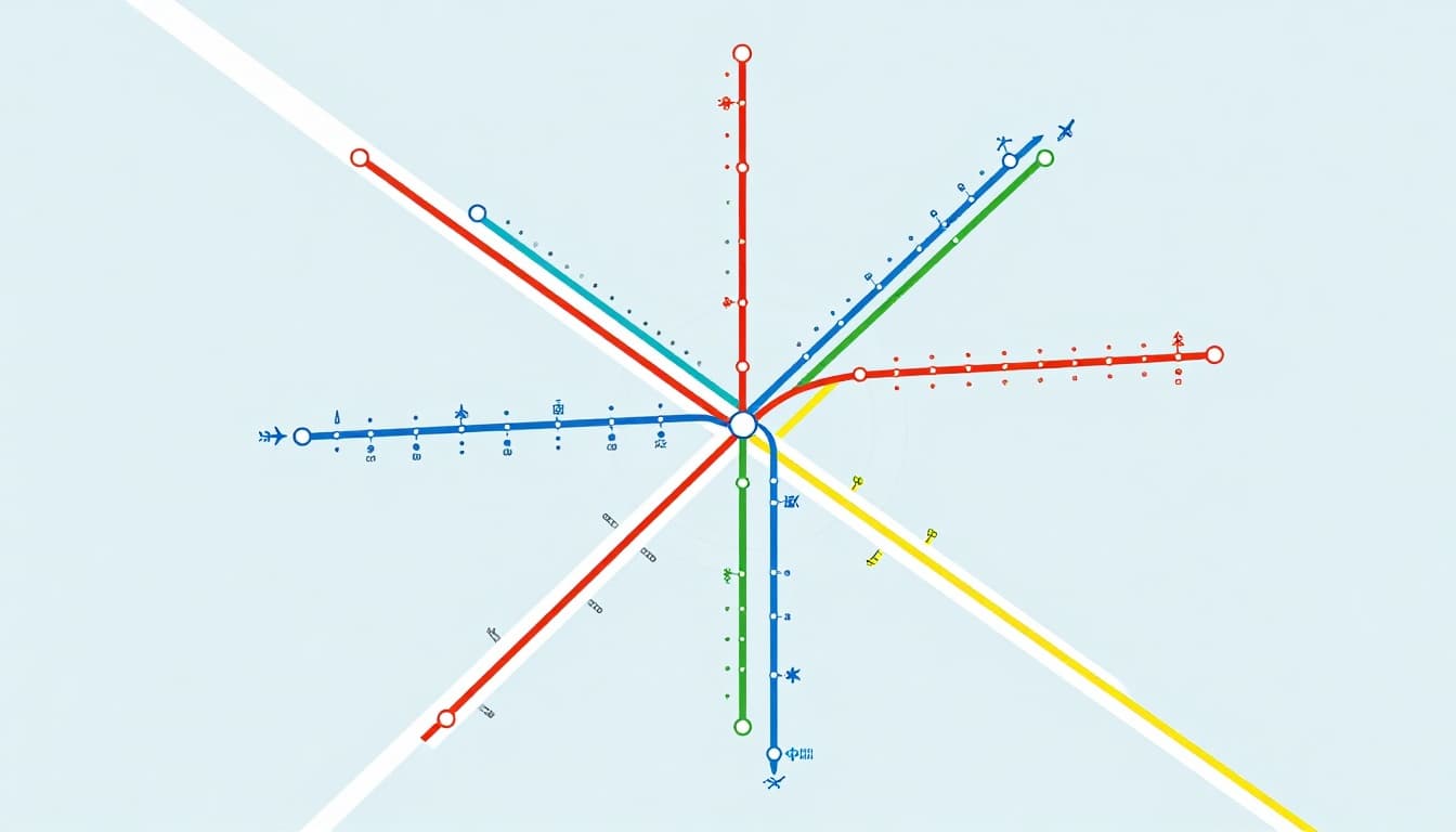 Modern illustration of an abstract transit map excerpt with straight colored lines intersecting at station dots and interchange circles, directional arrows, and simple icons for airport and hospital.