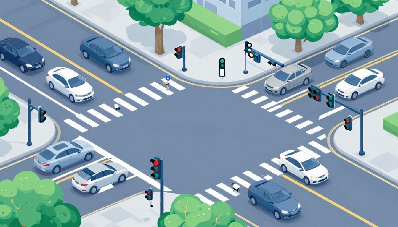 Modern illustration of adaptive traffic lights at a busy urban intersection, adjusting timings based on sensors detecting vehicle flow, with cars moving smoothly, embedded road sensors, and a traffic camera on a pole.