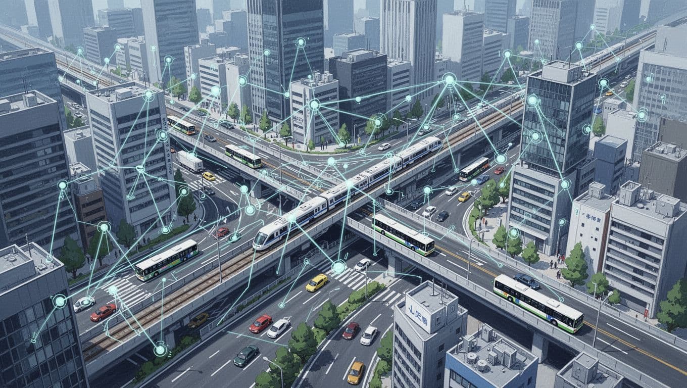 Modern illustration of an aerial view over a dense city like Tokyo, featuring extensive sensor networks on roads, integrated train stations, and smooth traffic flow with buses and cars. Emphasizes clean infrastructure with controlled blues and greens, no people or text.
