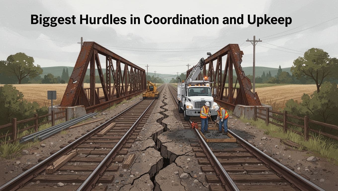 Modern illustration of aging rail infrastructure featuring cracked tracks, rusted bridges, and two maintenance workers with one crew truck repairing a single track in a rural area under an overcast sky.