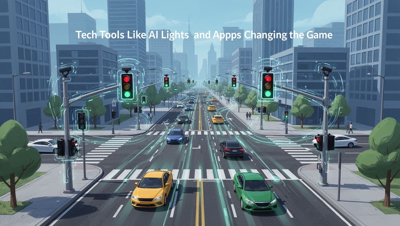 Modern illustration of a busy city intersection with adaptive AI traffic lights adjusting in real-time, sensors on poles, and vehicles flowing smoothly against an urban skyline background in clean blue and green tones.