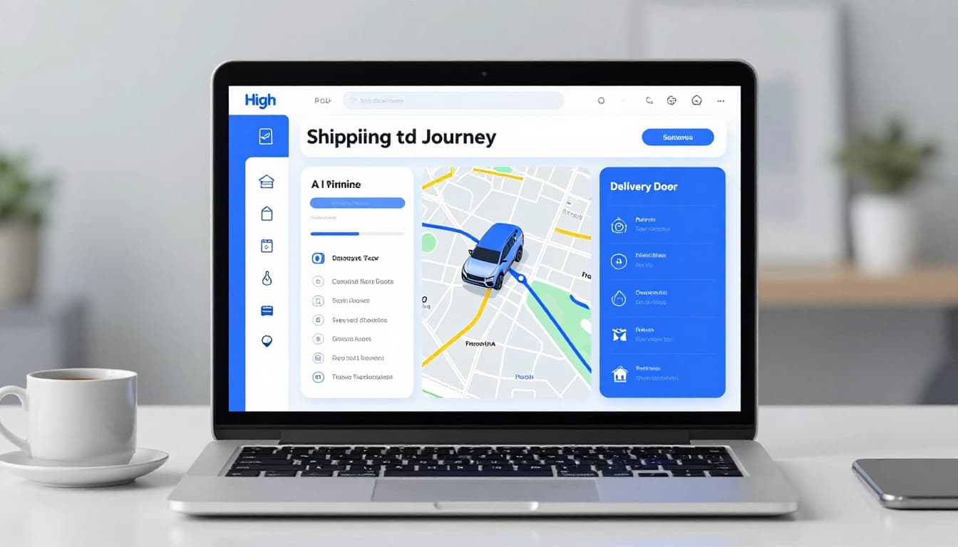 Modern illustration of an AI dashboard on a laptop screen displaying optimized delivery routes with maps, traffic data, and package icons, set on a desk with a coffee mug in a clean office with cool blue and white tones.