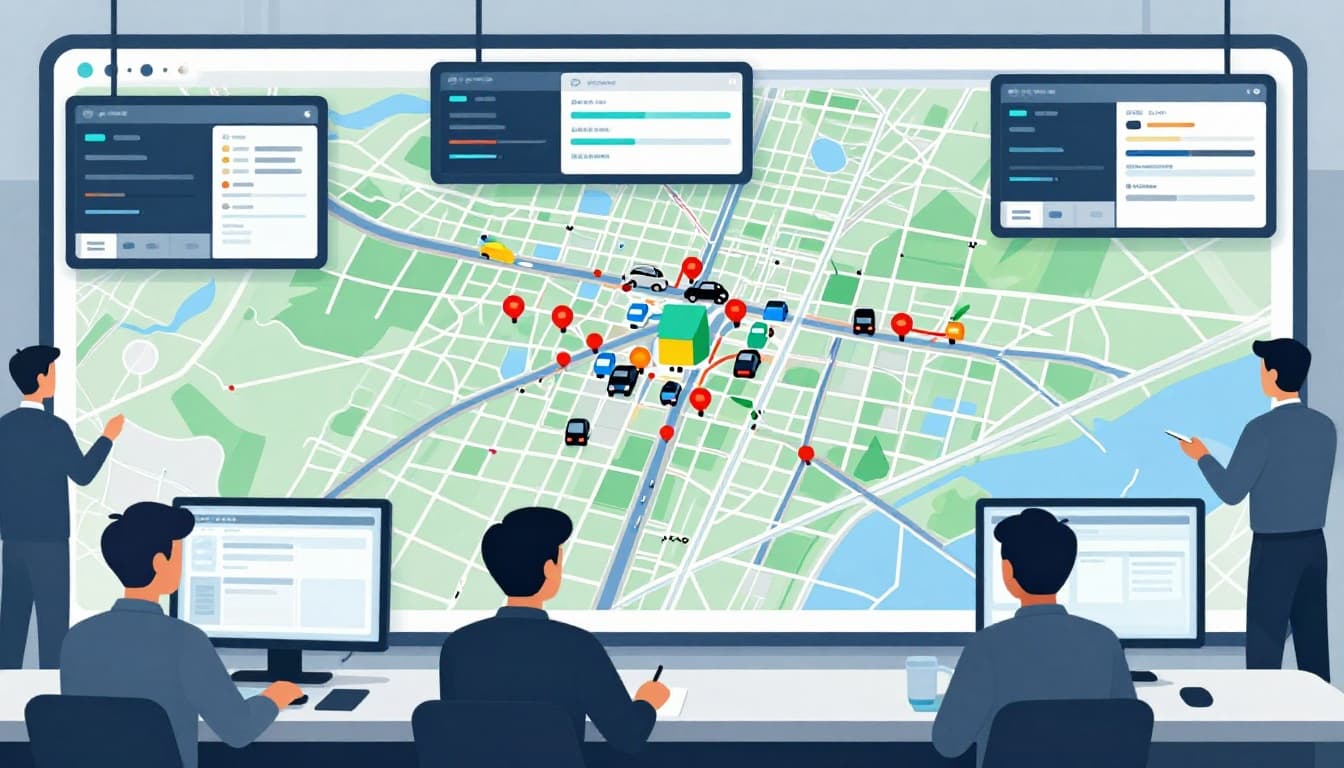 Modern illustration of an AI dashboard in a traffic control center predicting congestion on a city map, with two operators monitoring color-coded jam alerts on screens.