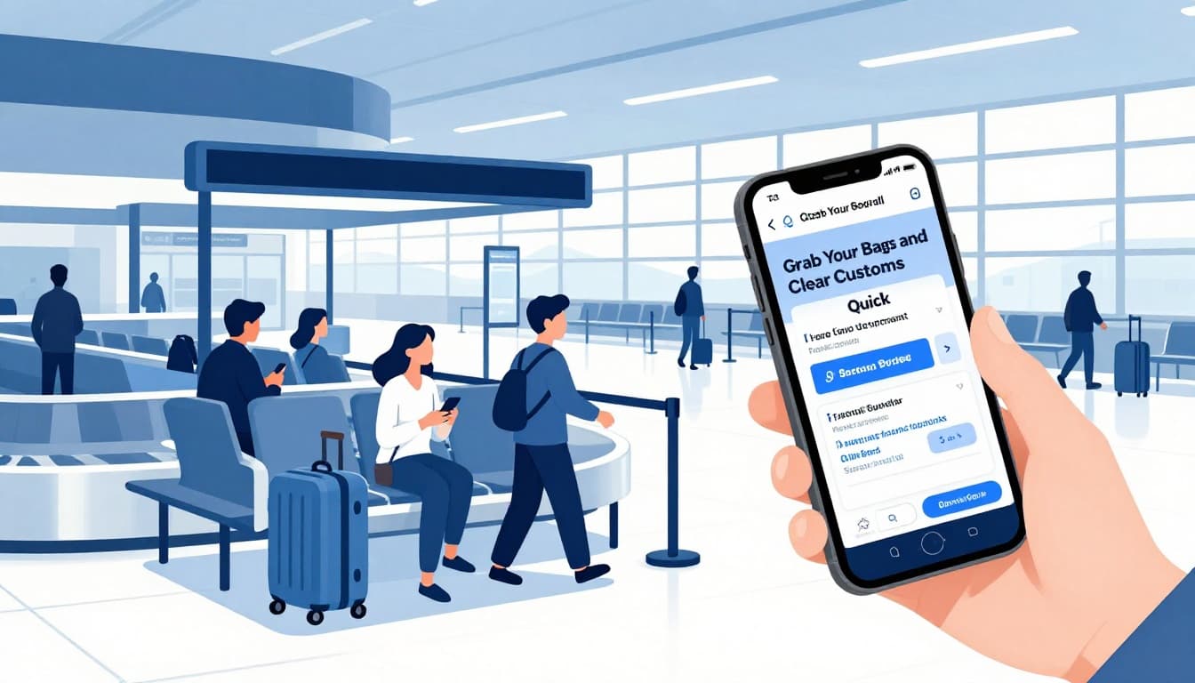 Clean, modern illustration of passengers waiting at an airport baggage claim carousel, tracking bags via phone app as one suitcase arrives, set in a bright terminal with natural light.