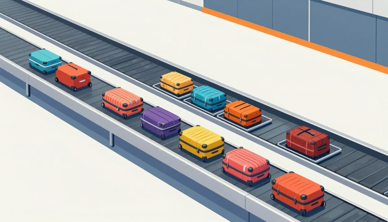 Modern illustrated comparison of flat conveyor belts and individual tray systems carrying airport luggage with controlled spacing and orientation