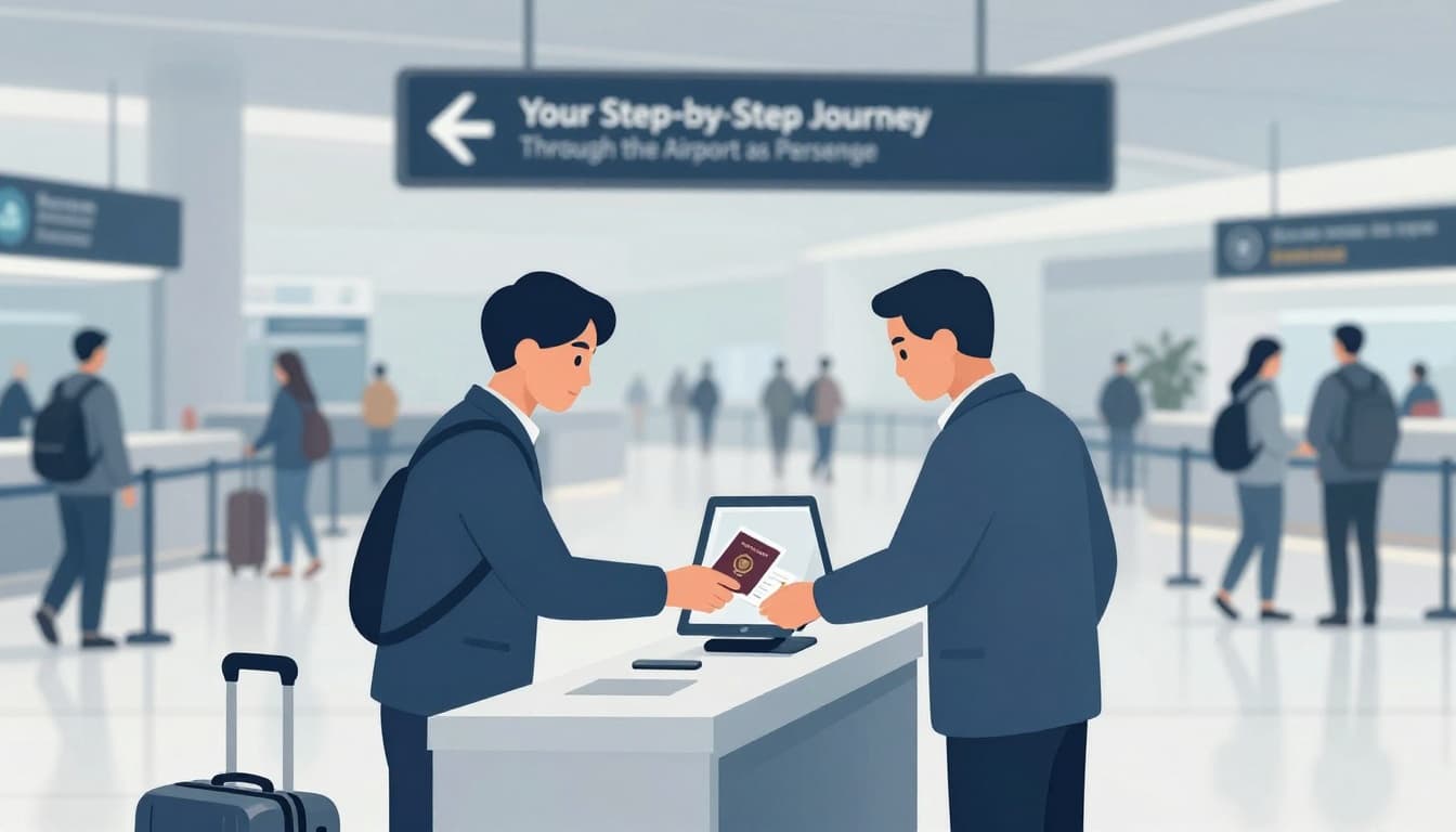 Modern illustration of a passenger at an airport check-in counter with an airline agent scanning passport and weighing suitcase in a busy terminal.