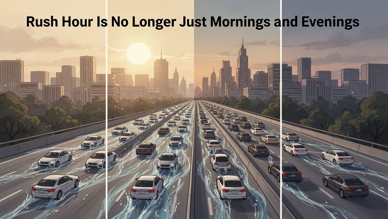 Modern illustration of city highway with congestion backed up through morning, midday, and evening against an urban skyline.