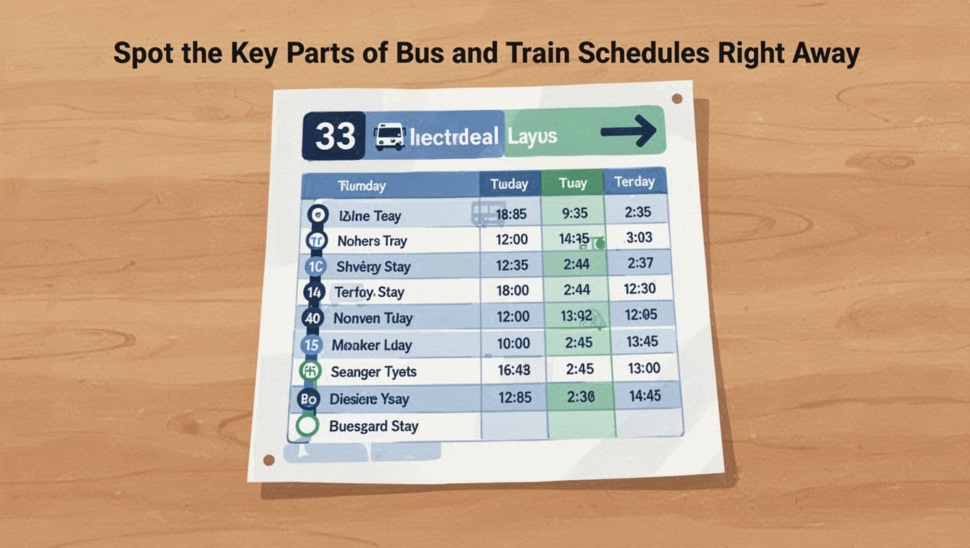 Modern illustration of a bus schedule printed flat on a wooden table, featuring route number, stops list with times in columns for different days, and direction arrow in blues and greens.
