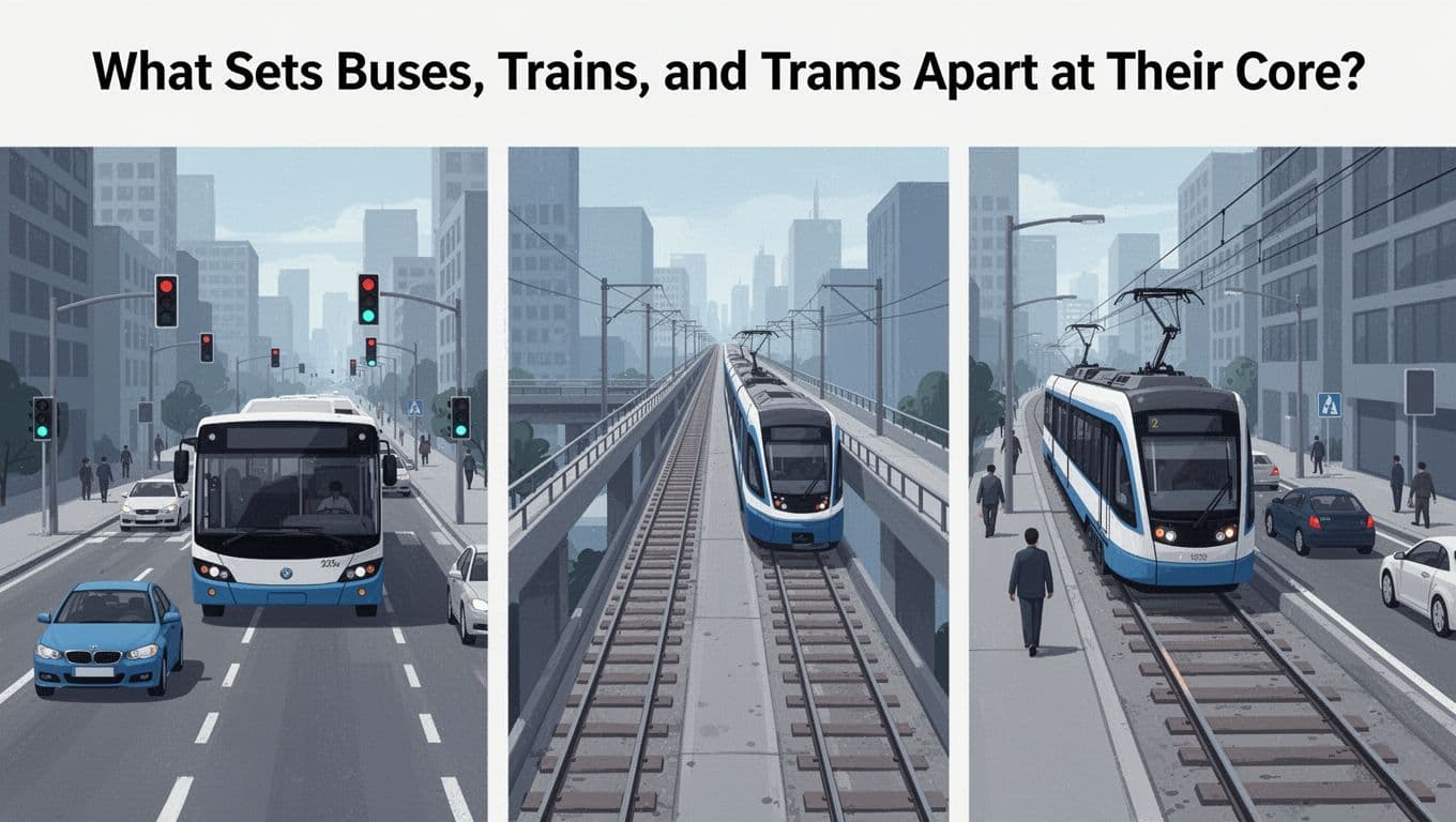Modern side-by-side illustration comparing bus on city street with traffic, train on elevated dedicated tracks, and tram on street-embedded rails shared with vehicles. Clean shapes, blues and grays palette, strong composition, no people or text.