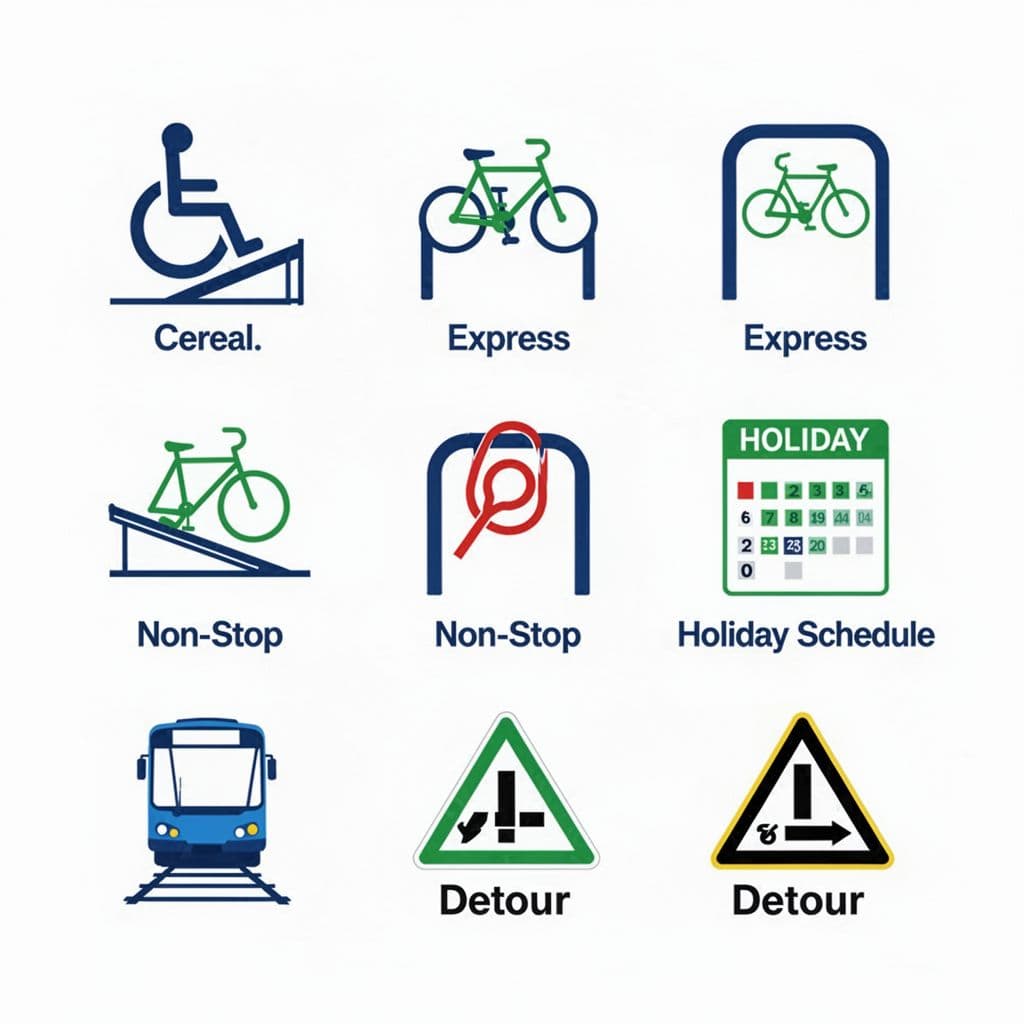 Modern grid of 8 simple line icons for transit symbols including wheelchair ramp, bike rack, express, non-stop, holiday schedule, and detour, in blues and greens on white background.