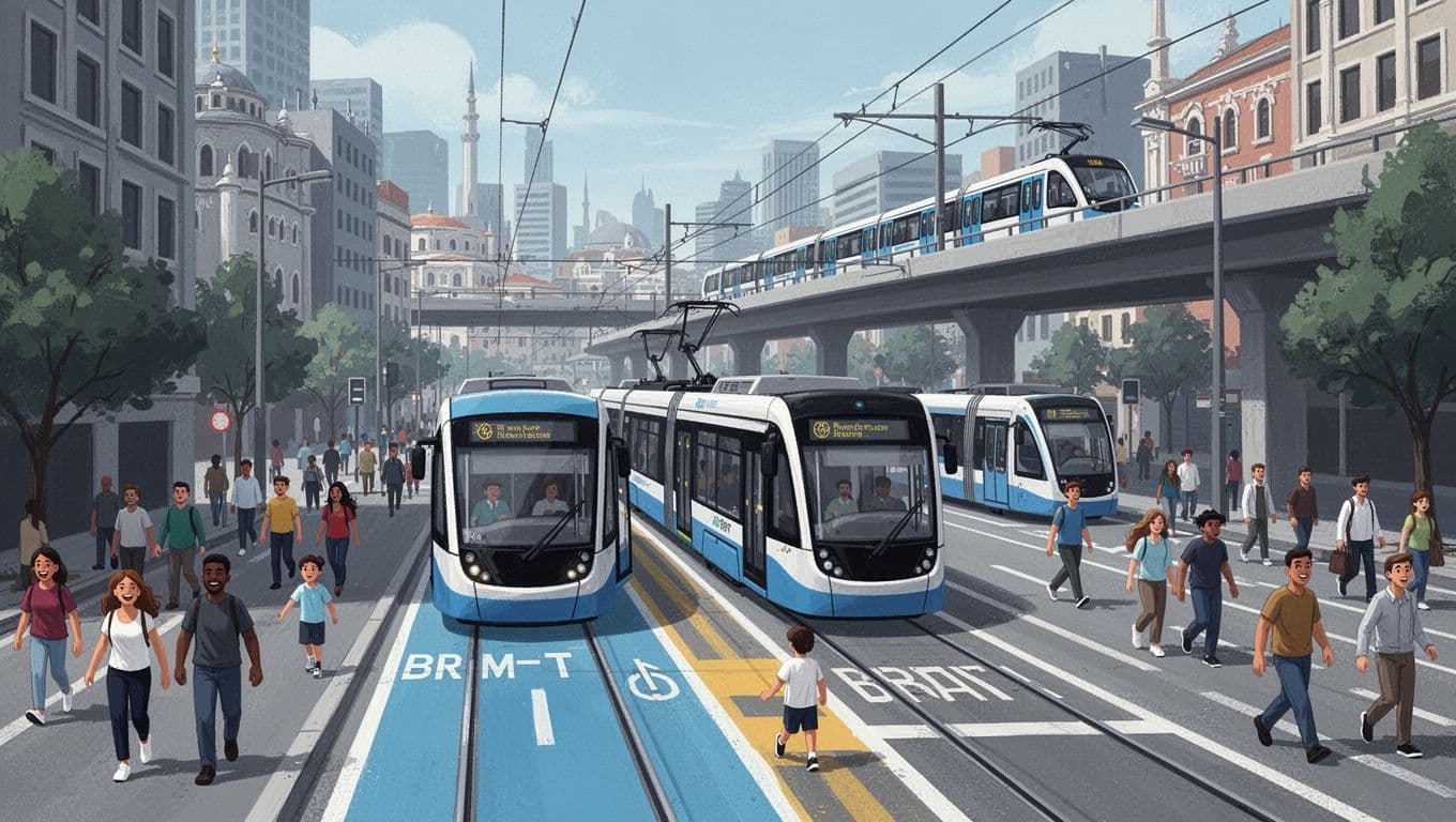 Modern illustration of a vibrant city street with a BRT bus in a dedicated lane, nearby tram line, elevated train in the background, and happy diverse pedestrians, evoking Istanbul or Melbourne vibes.