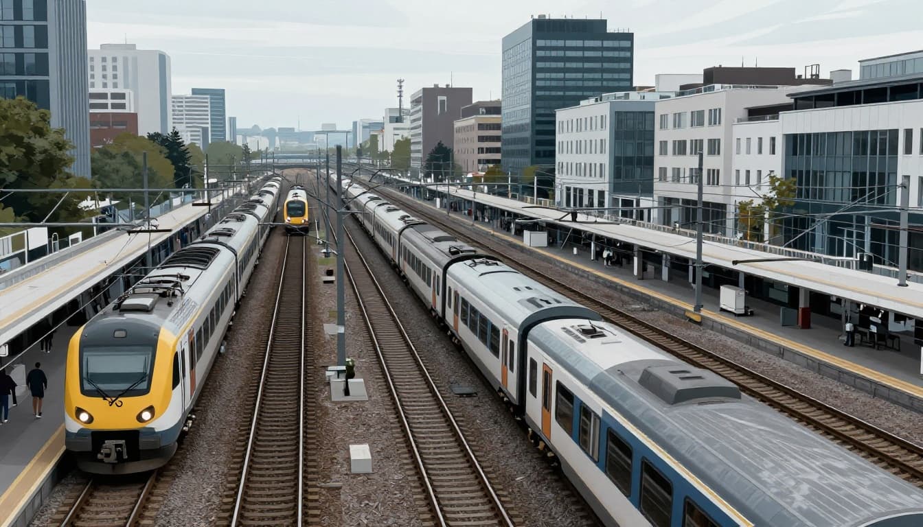 A bustling regional rail junction in a European city shows three trains—passenger and freight—on parallel tracks with urban buildings and platforms in the background. Modern illustration style features clean shapes, cool tones, dynamic composition, and overcast daylight, with no people, text, or signs visible.