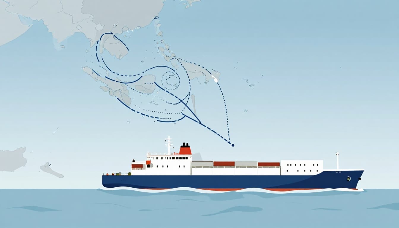 Modern illustration of a cargo ship on the open ocean rerouting around a hurricane, featuring a subtle map overlay showing the safe alternative path, in a clean blue-gray palette.