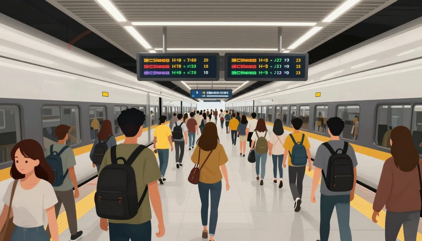 Modern illustration of a chaotic train station platform featuring digital boards with last-minute changes, rushing crowd of 5-6 diverse travelers, low-angle composition in grays and yellows.