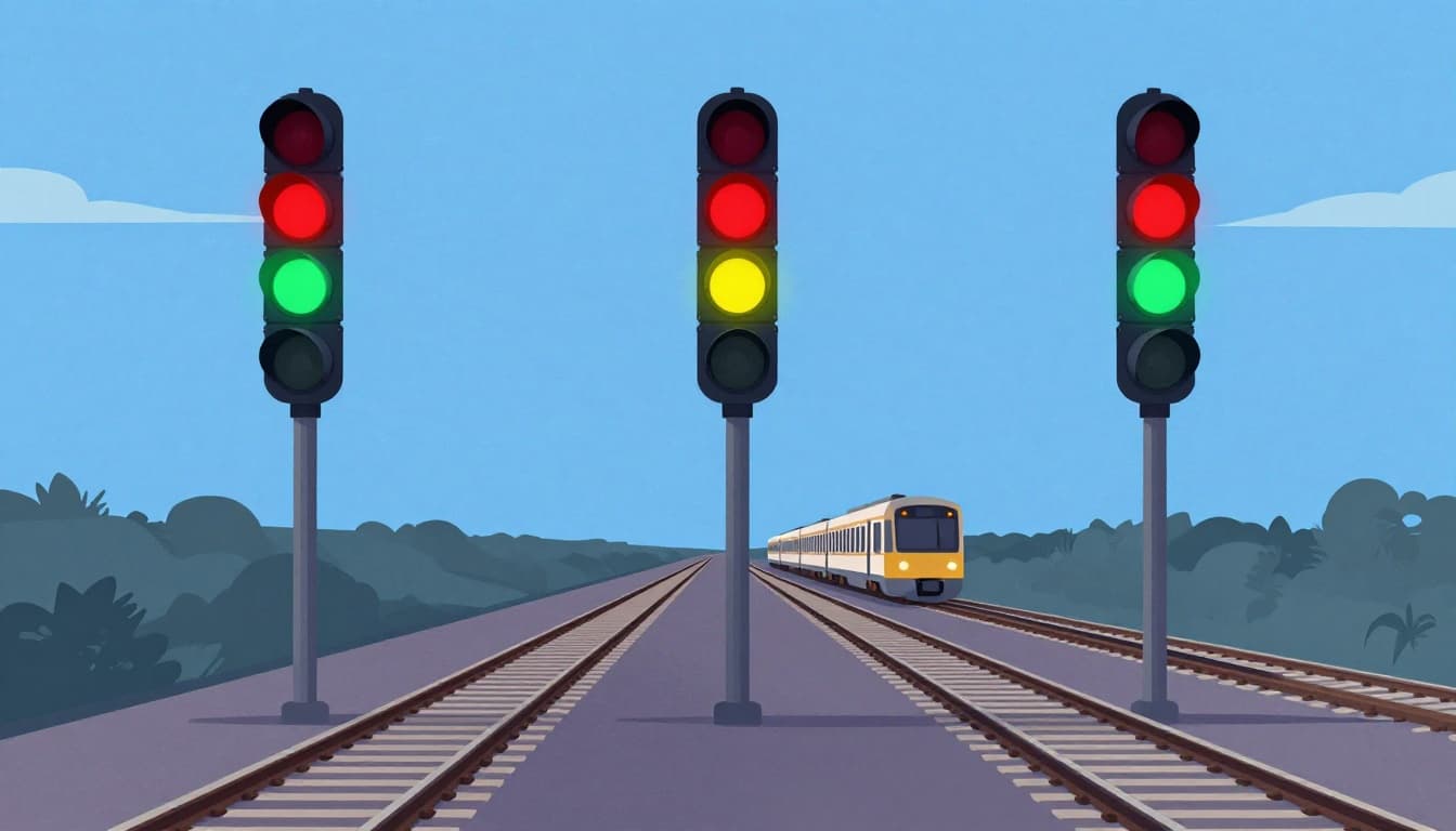 Modern illustration featuring a tall mast with stacked red, yellow, and green signal lights on straight tracks ahead of a distant train, viewed from an engineer's angle against a dusk sky.