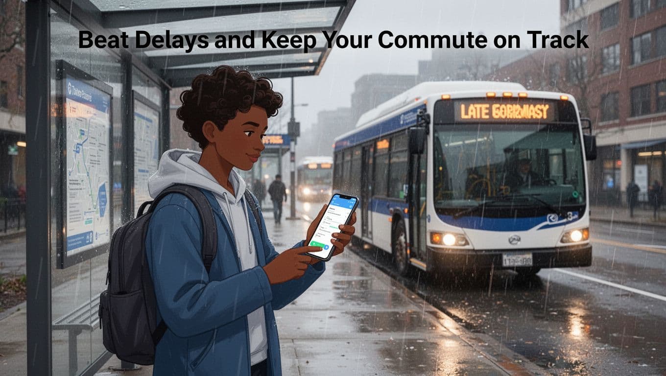 Modern illustration of a diverse commuter using a transit app on their phone at a rainy bus stop, with a late bus arriving in the background. Features clean shapes, controlled colors, strong composition, and soft lighting.