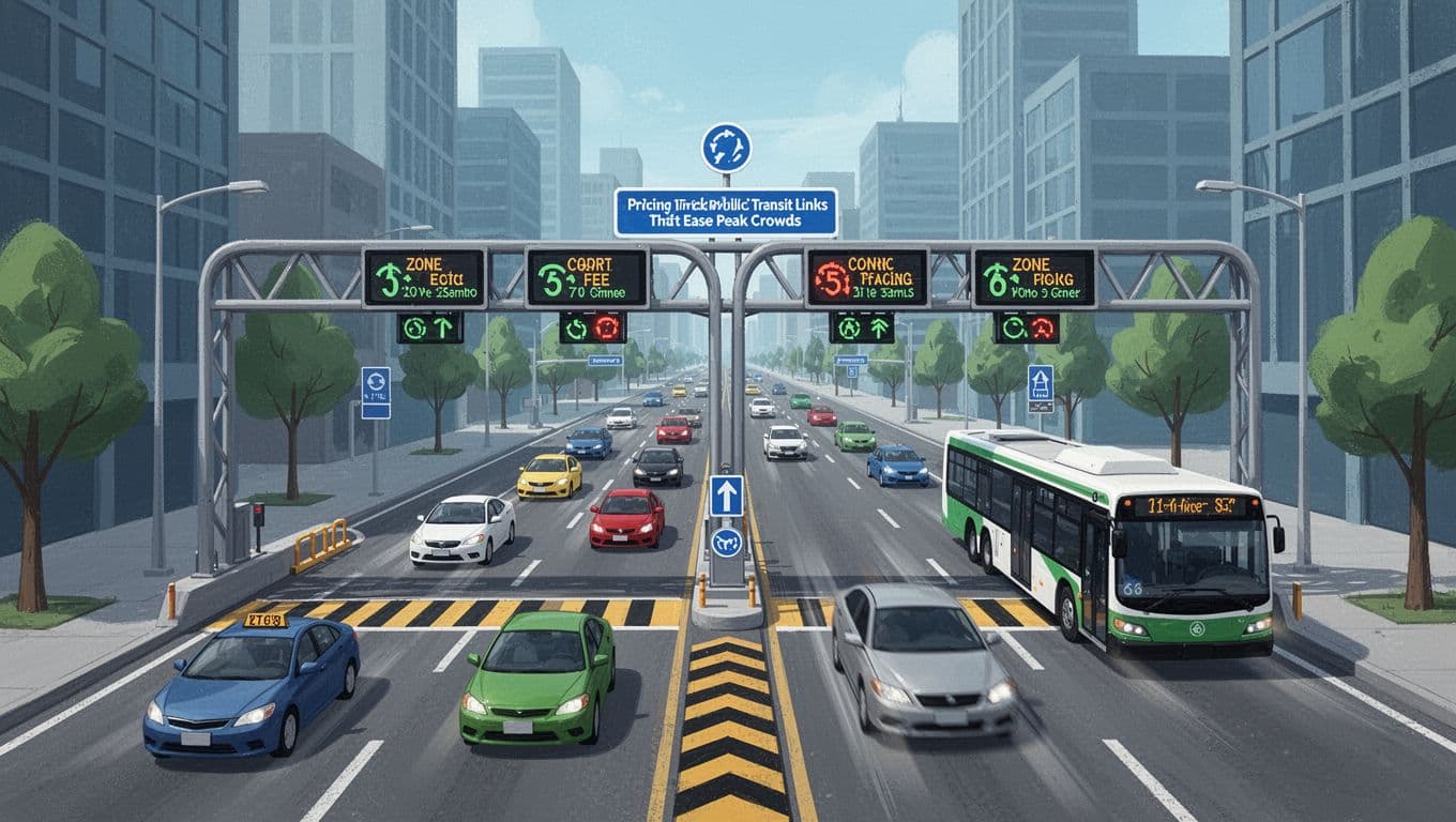 Modern illustration of a busy city street at the entrance to a congestion pricing zone, featuring electronic gantries, fewer cars, fast-moving buses, and nearby speed bumps in clean blues and greens.