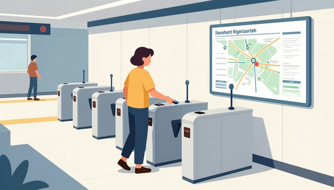 Modern illustration of a single person tapping a contactless card at a turnstile in a bright urban transit hub, adjacent to a clean station map on the wall.
