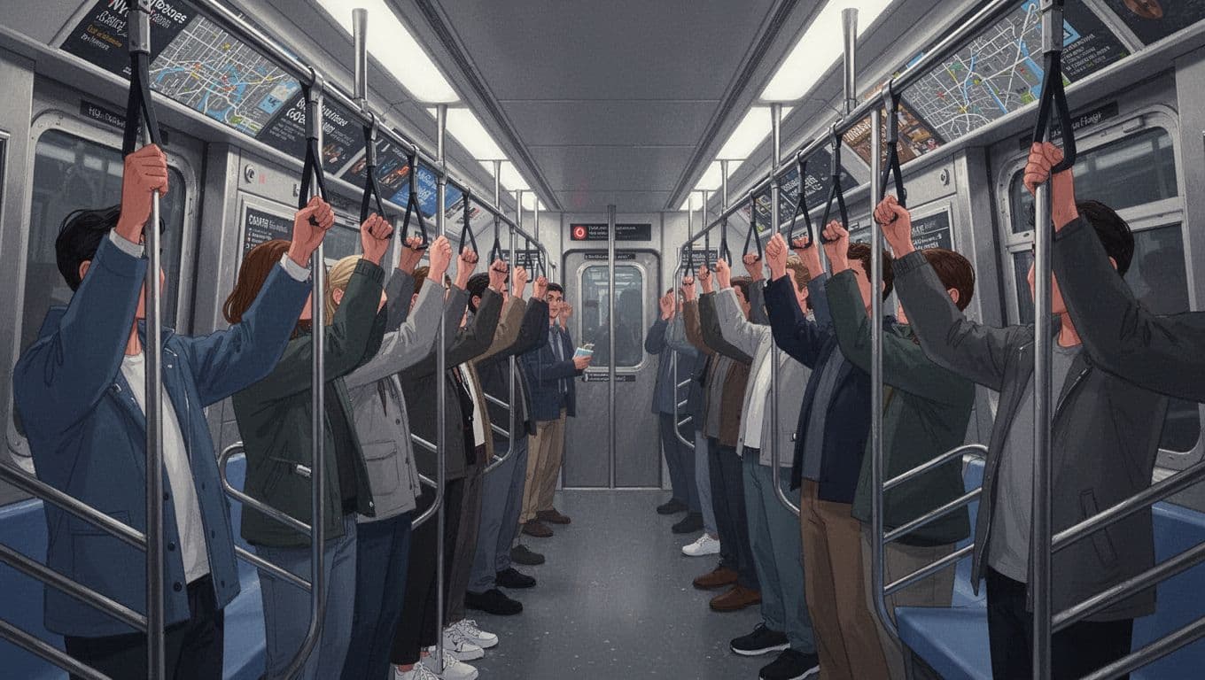 Modern illustration of a crowded NYC-style subway train interior, side view down the aisle with 8-10 passengers holding straps under dim overhead lights and one wall map.
