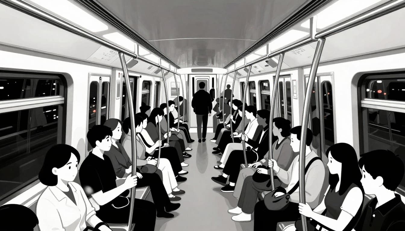 Modern illustration of a crowded underground metro train speeding through a tunnel, with diverse passengers standing close together holding straps and blurred city lights outside windows.