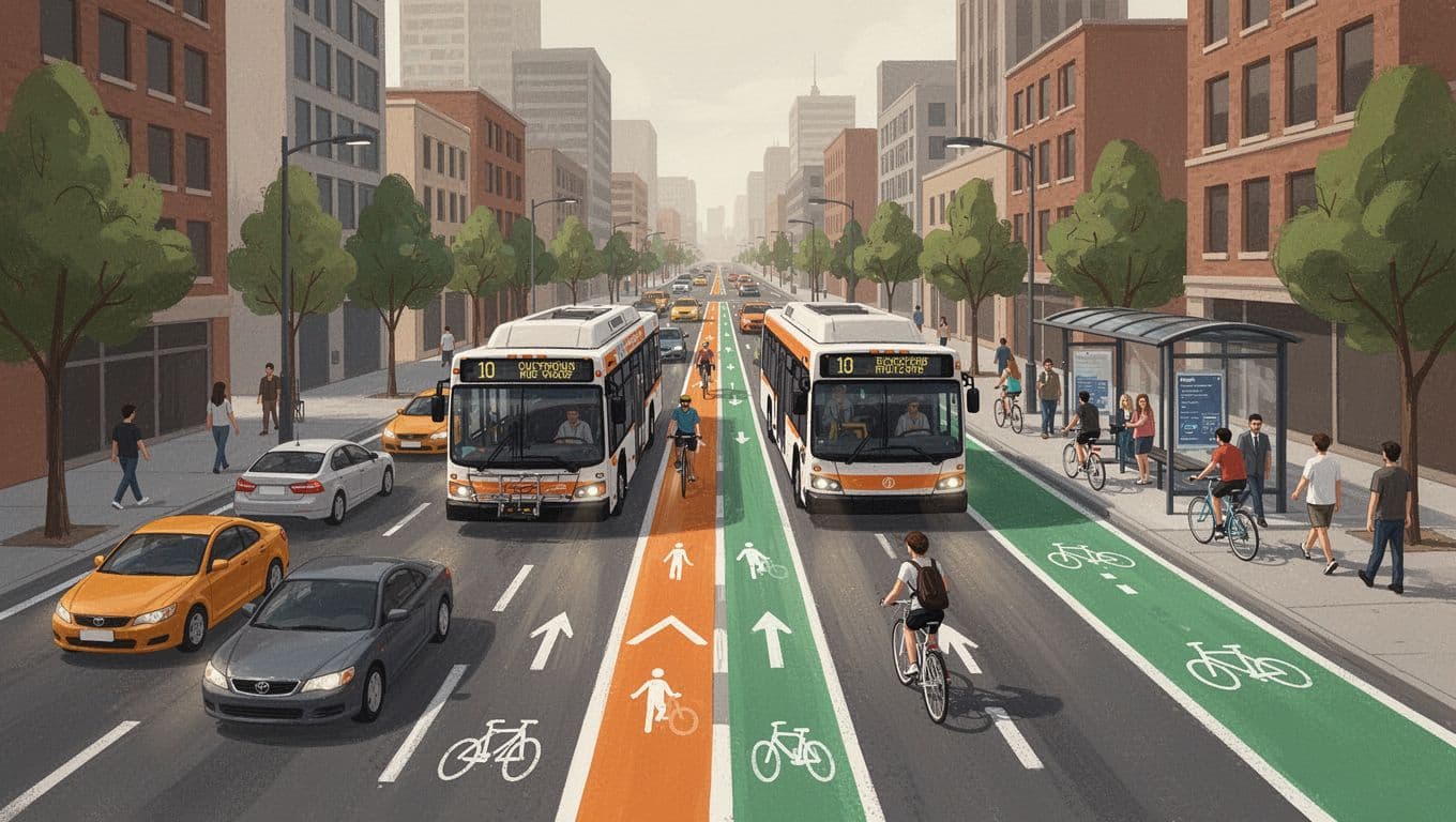 Modern illustration of a dedicated bus lane on a city street where buses pass slower cars, featuring a multimodal bike path, people at the stop, and urban buildings in orange and green tones.