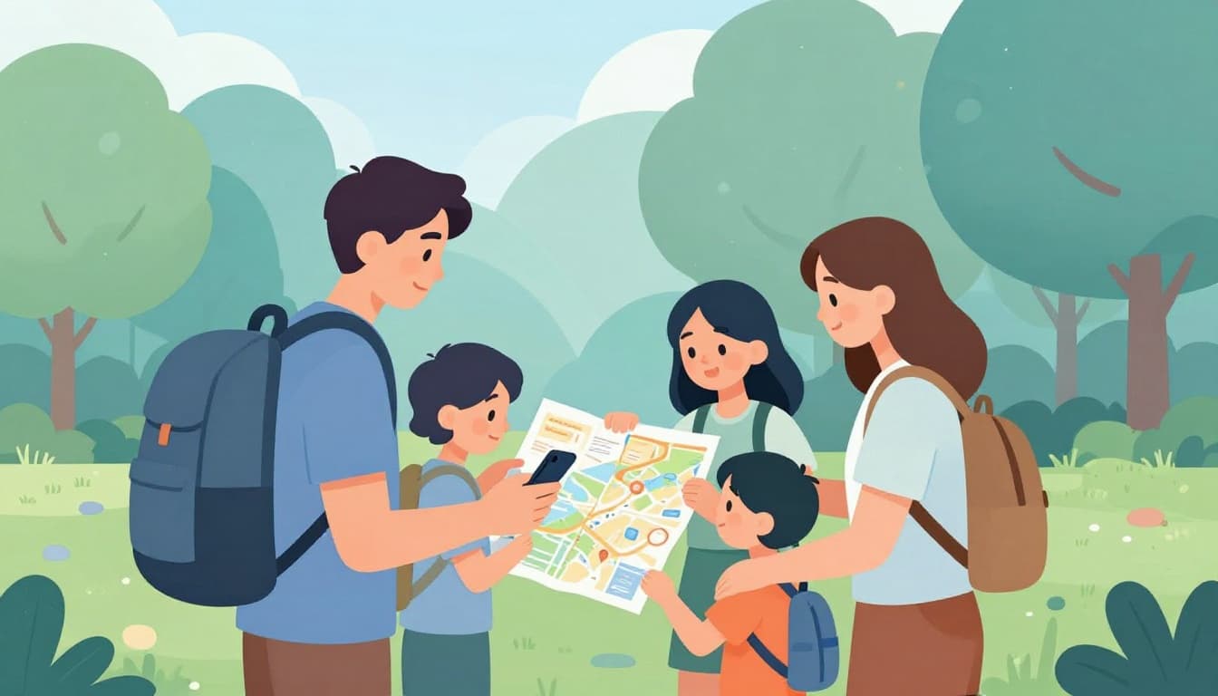 Modern illustration of a solo backpacker, a couple, and a family with child examining a paper map and smartphone for trip planning in an outdoor park setting with trees, using clean shapes in cool blue and green tones.