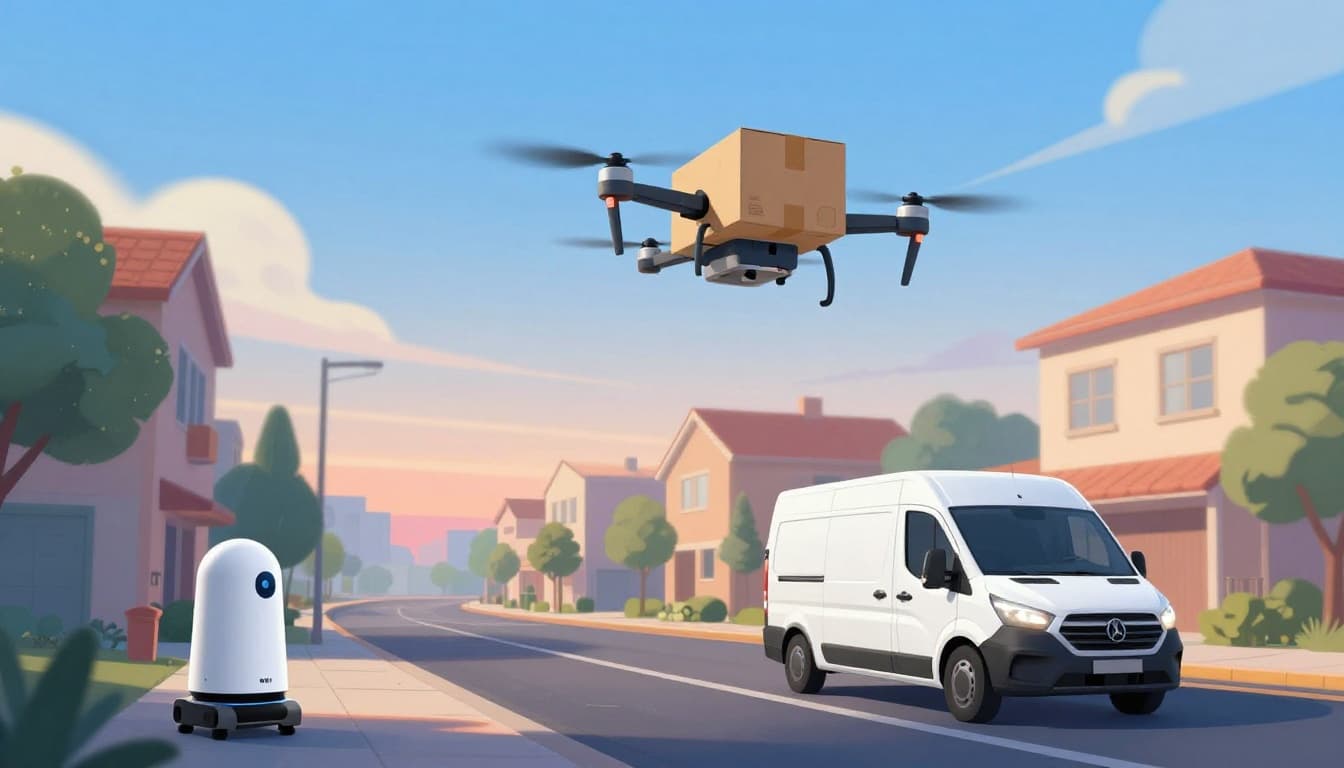 Modern illustration of a delivery journey featuring a drone flying over suburbs with a package, an electric van on the road below, and a sidewalk robot on an urban street, in golden hour lighting with clean shapes and dynamic composition.