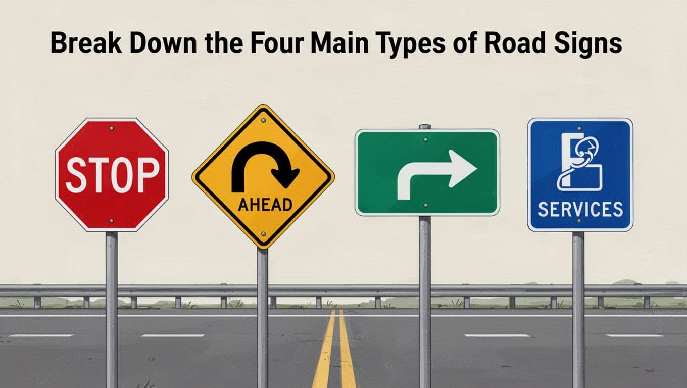 Modern illustration of four distinct US road signs side by side on a simple highway roadside: regulatory red octagon STOP sign, warning yellow diamond curve ahead sign, guide green rectangular direction arrow sign, and informational blue rectangular services sign.