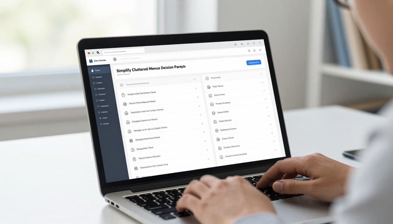 Mid-30s designer at modern office desk stares closely at laptop displaying cluttered top navigation bar with excessive menu items and overflowing dropdowns, evoking user confusion and decision paralysis.