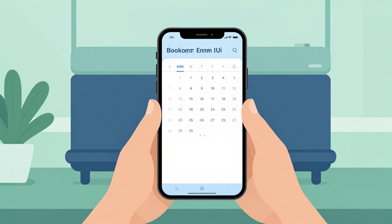 Modern illustration of a frustrated train passenger at a home desk with calendar, using both hands on phone to check a crowded booking app. Clean shapes, blues and greens palette, natural lighting, central focus on blurred phone screen.