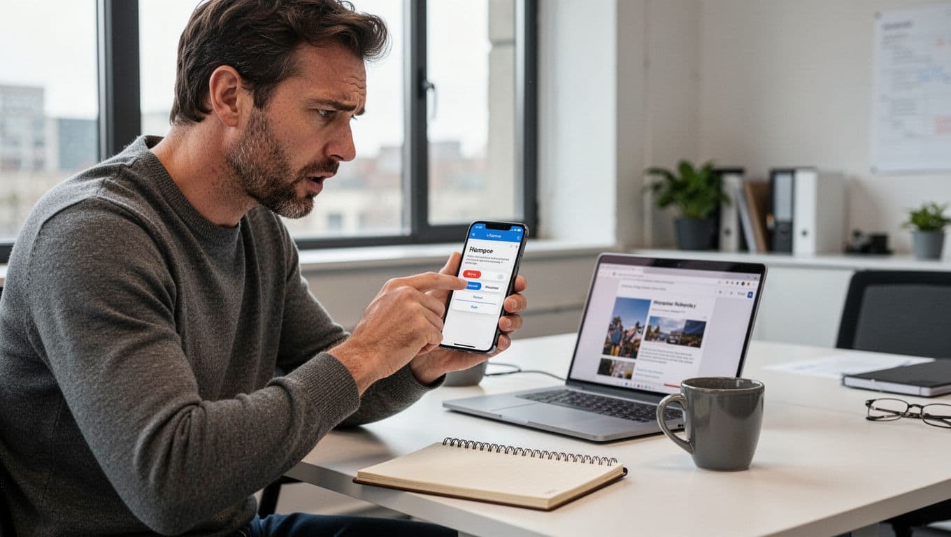 A mid-30s UX designer in a modern office holds a smartphone displaying a faulty hamburger menu with tiny overlapping buttons and a slow slide-out panel, showing frustration as her thumb fails to tap the small targets accurately.