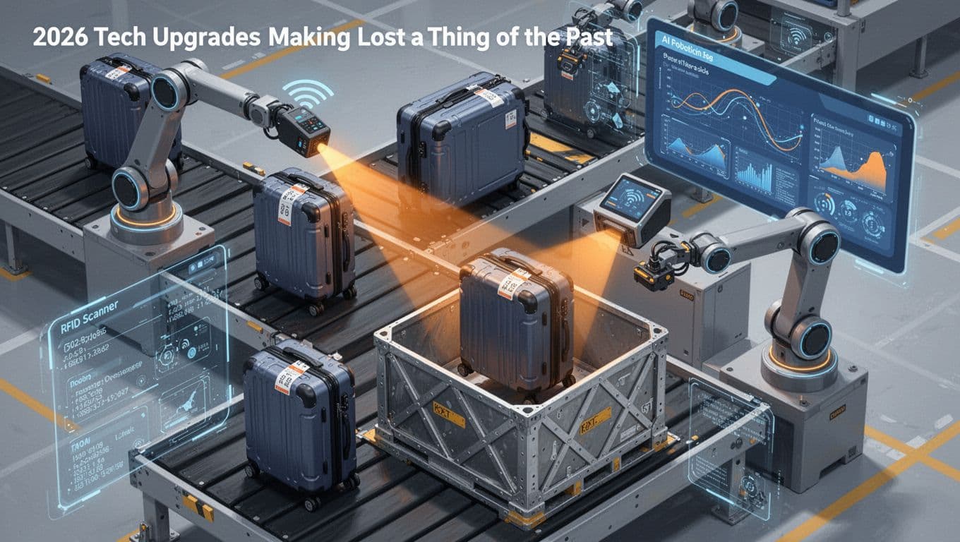 Overhead illustration of futuristic airport baggage handling with RFID scanner beams reading tags on suitcases, subtle data overlays, AI dashboard predicting flows with charts, and robotic arms sorting luggage into ULD containers using clean shapes in blue, gray, and orange tones.
