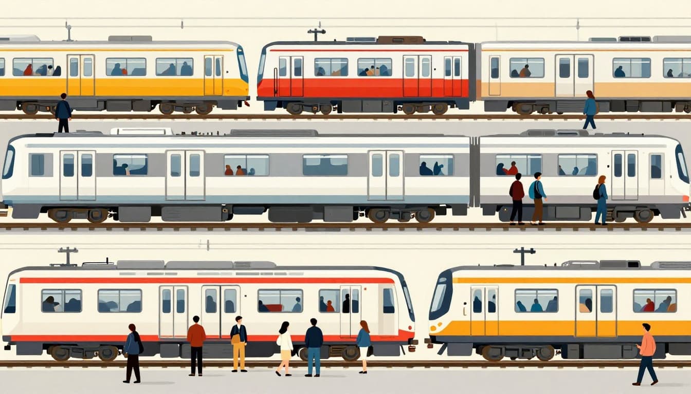 Modern illustration of diverse global city transit: Tokyo-style metro station, Paris commuter train, Portland light rail, connected by rail tracks with passengers boarding in clean shapes and consistent style.