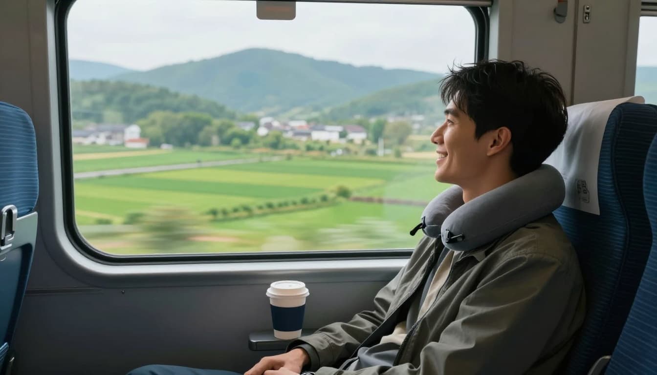 Modern illustration of a happy train traveler with light backpack, neck pillow, and coffee, relaxed while enjoying a scenic window view in golden hour lighting with clean shapes and greens-blues palette.