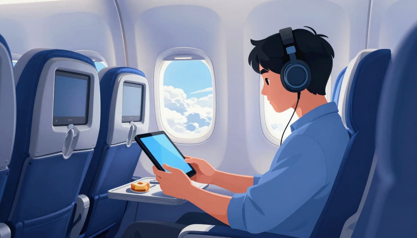 Modern illustration of an airplane cabin interior with one relaxed passenger wearing headphones and watching the seatback entertainment screen, tray table with snack, and window view of clouds under soft lighting.