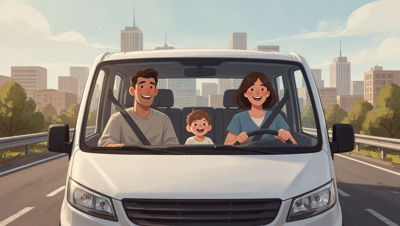 Modern illustration of two adults and one child happily carpooling in a van on a sunny highway with distant urban skyline, using clean shapes, warm colors, and strong composition.