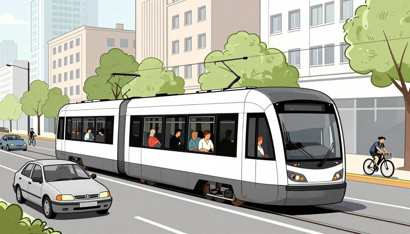 Modern illustration of a light rail vehicle sharing a bustling city street with cars and bikes, passengers visible inside looking out windows amid urban buildings and trees.