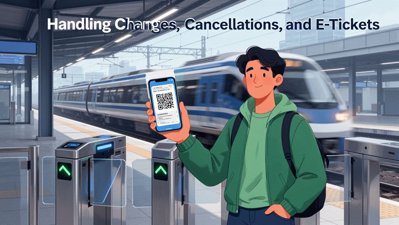Modern illustration of a person at a train station gate holding a smartphone displaying a QR code ticket ready for scanning, in a clean blues and greens palette with a blurred arriving train.