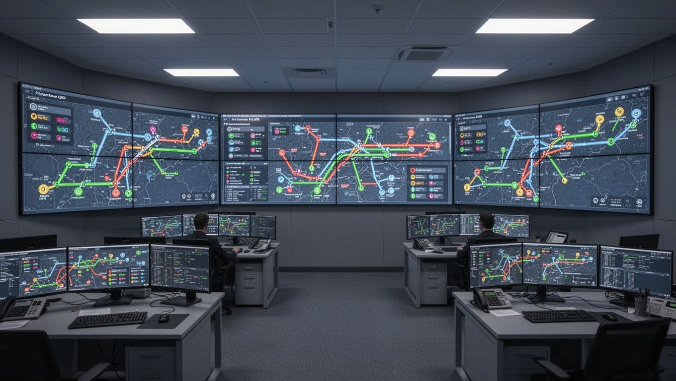 Modern rail control center interior with multiple large screens displaying colorful train position maps and status icons, organized room with dim lighting and focused atmosphere in blue-gray palette.