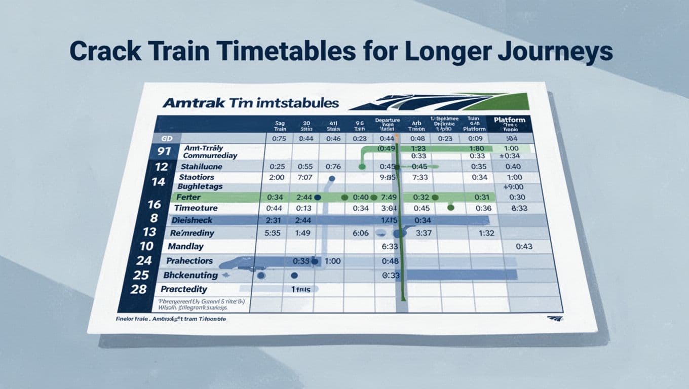 Modern illustration of a printed train timetable on a table, featuring clean shapes, blues and greens palette, strong composition, and details like train numbers, stations, departure and arrival times, platform info.