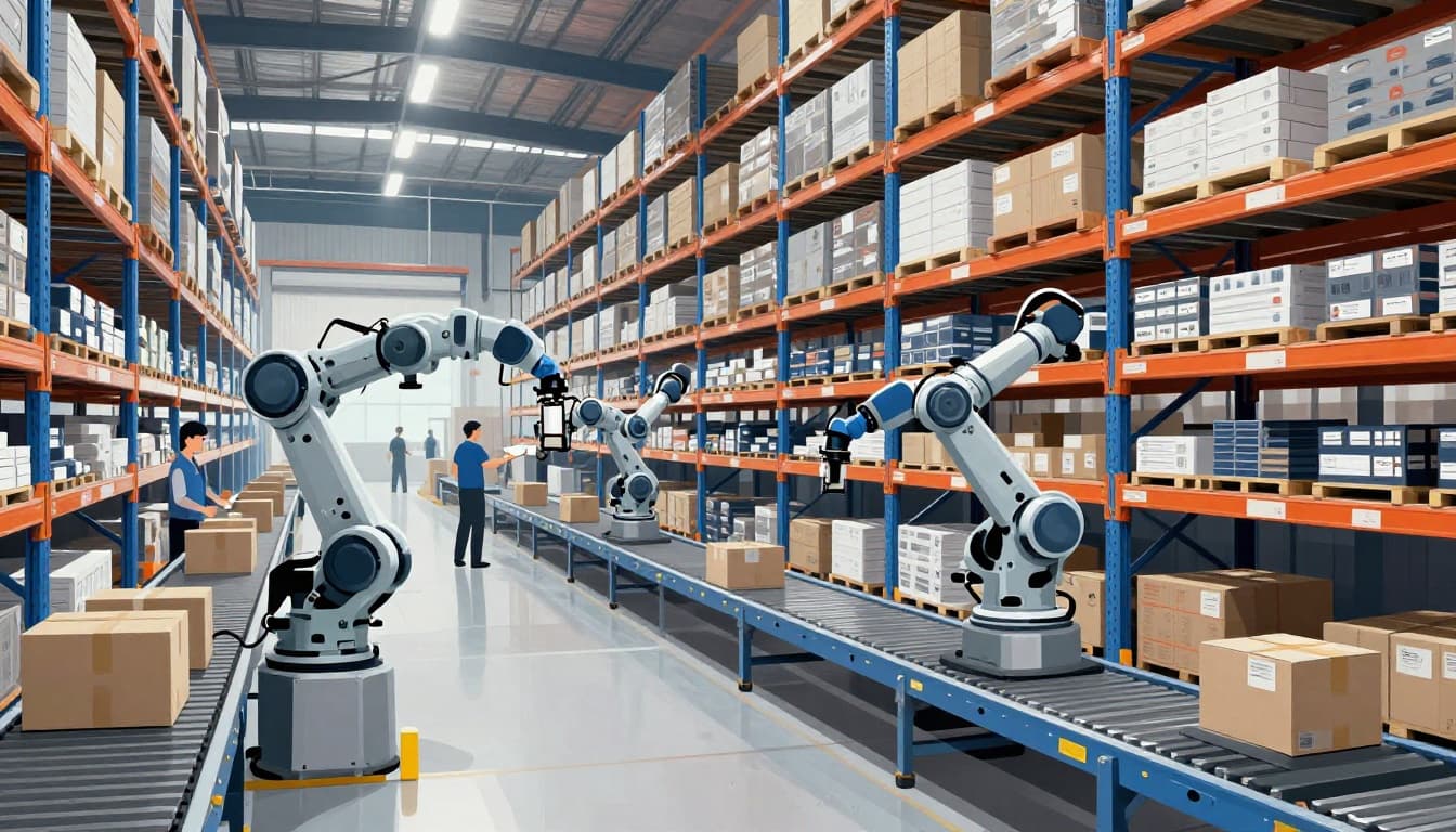Modern illustration of robotic arms and human workers efficiently picking items from shelves in a bustling warehouse with fast-moving conveyor belts.