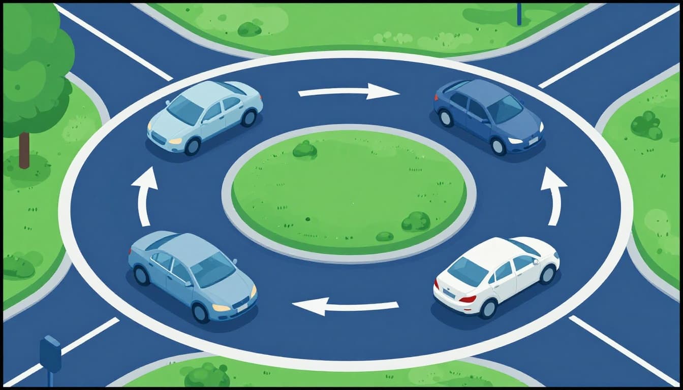 Modern illustration from above of a multi-lane roundabout showing cars entering right lane for right turns, left lane for left turns or straight, with counterclockwise arrows and yield lines.