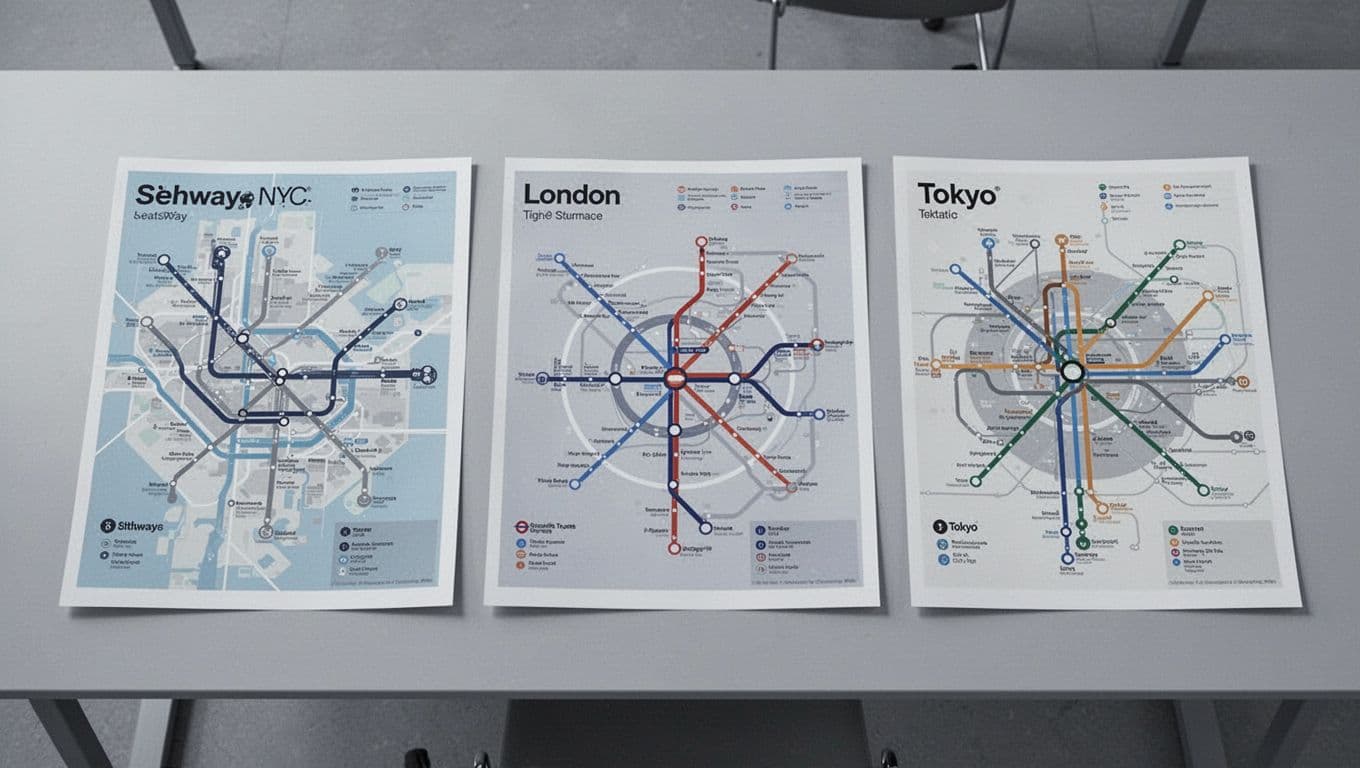 Modern illustration in cool blues and grays showing simplified NYC subway, London Tube, and Tokyo rail maps side by side on a table, with clean shapes, strong composition, and soft lighting.