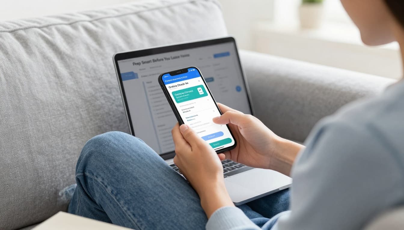 Modern illustration of a relaxed person on a cozy couch in a living room using a phone for airline app check-in, laptop nearby, natural daylight.