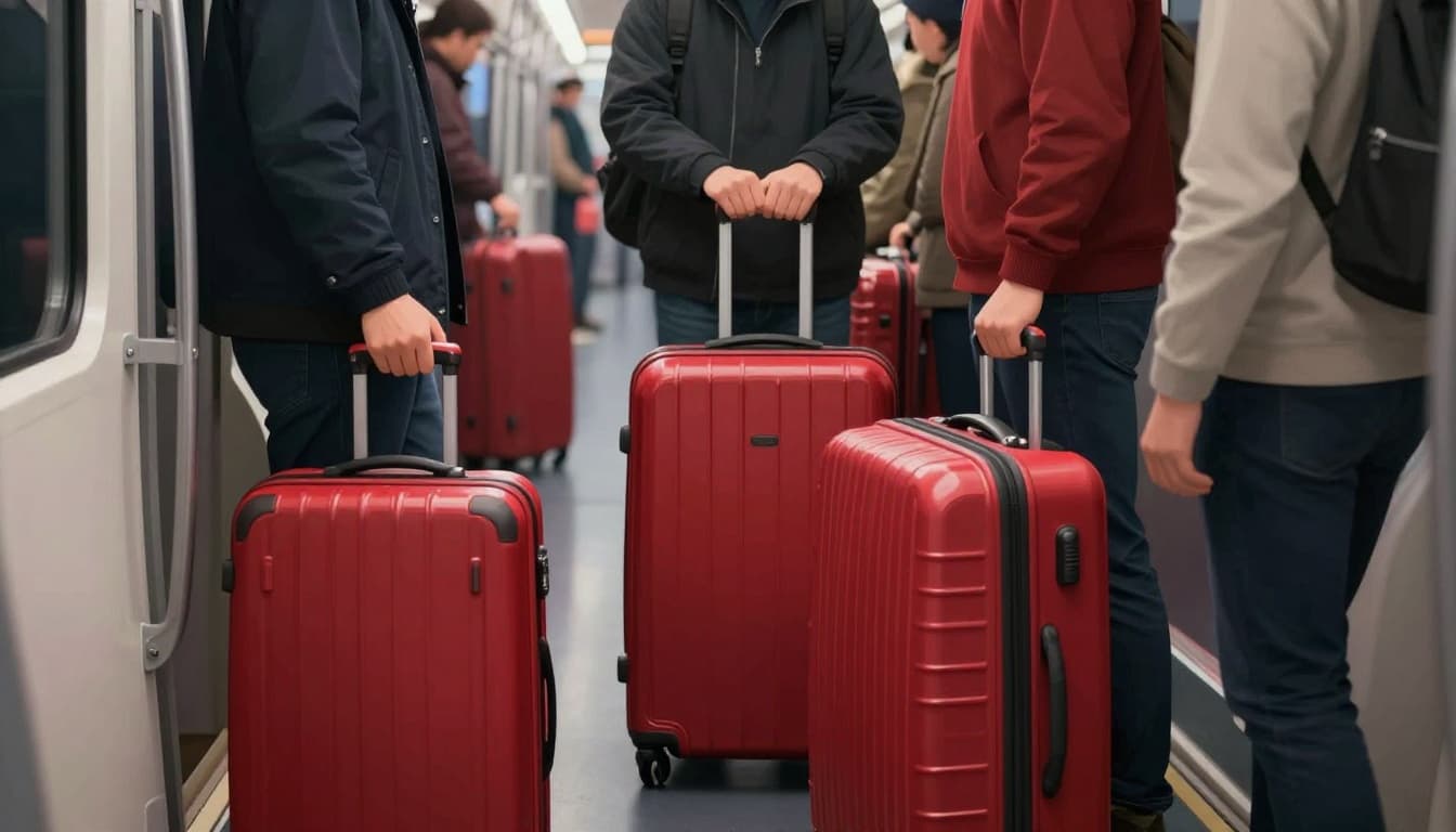 Modern illustration of a passenger struggling to move oversized luggage that blocks the train aisle, with two other passengers waiting in a dimly lit car interior using clean shapes and a controlled reds and neutrals palette.