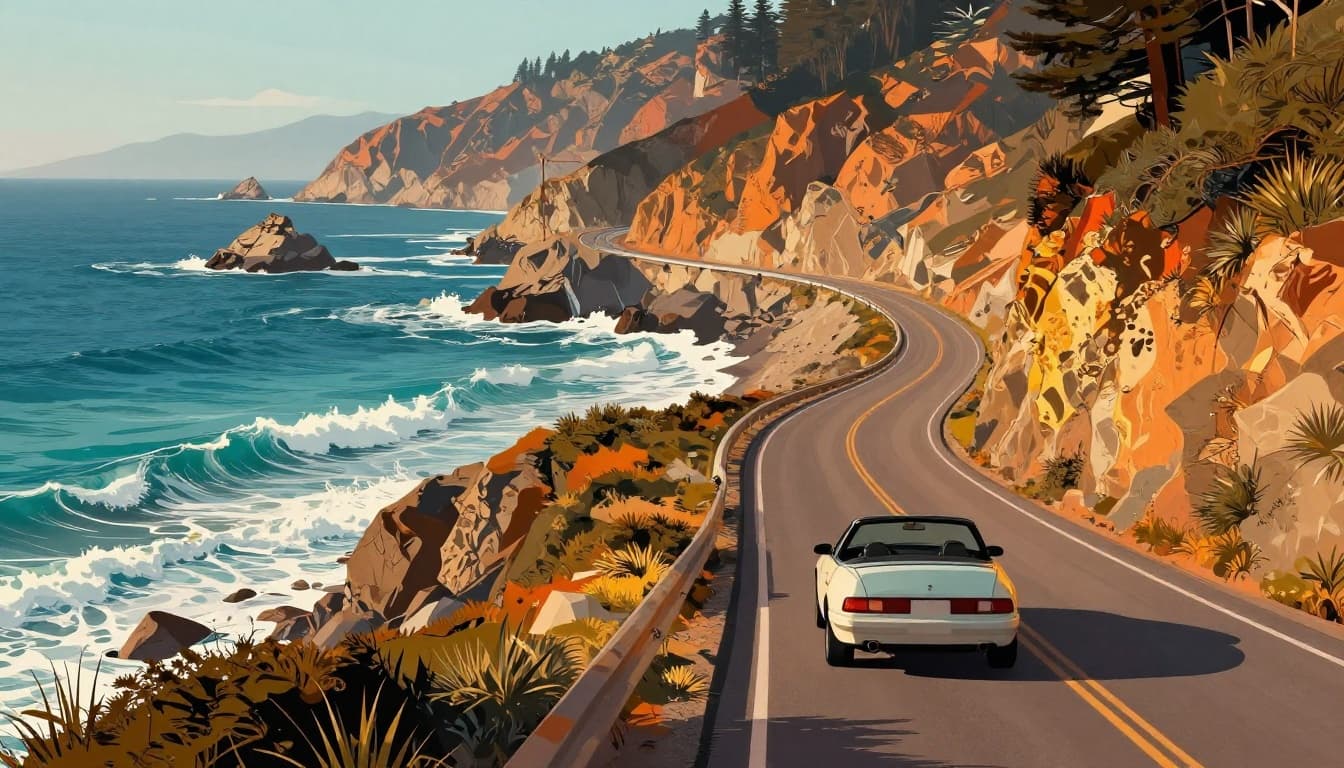 Curvy coastal road along Pacific Coast Highway with turquoise ocean waves crashing on rocky cliffs below, golden sunlight illuminating the scene, and an empty convertible car viewed from behind in a modern illustration style.
