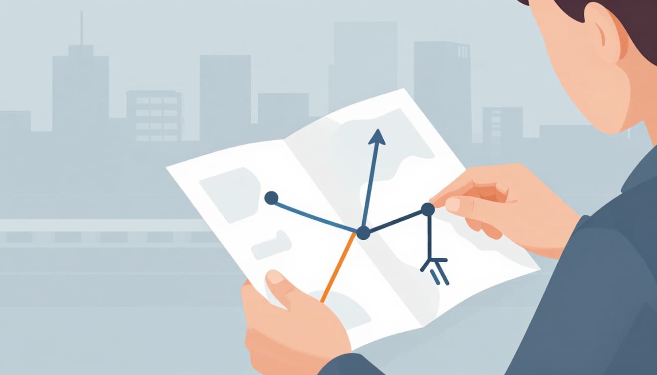 Modern illustration of a single person at a transit station examining a pocket map, tracing a finger along colored line from start to end dot, with an arrow showing the path and a simple interchange symbol, against a faint cityscape background.