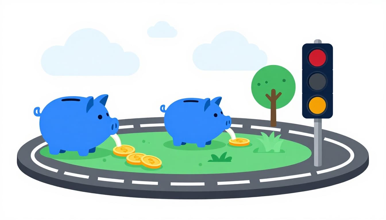 Modern illustration featuring a piggy bank with coins flowing into a roundabout icon next to a broken traffic signal, alongside simple icons for fuel savings and low emissions.