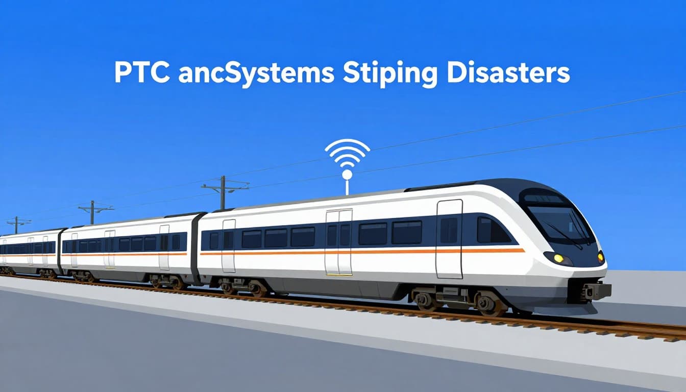 Modern illustration of Positive Train Control (PTC) system activating dynamic safe zones around a speeding train, featuring GPS radio waves and computer overlays on a clean blue palette.